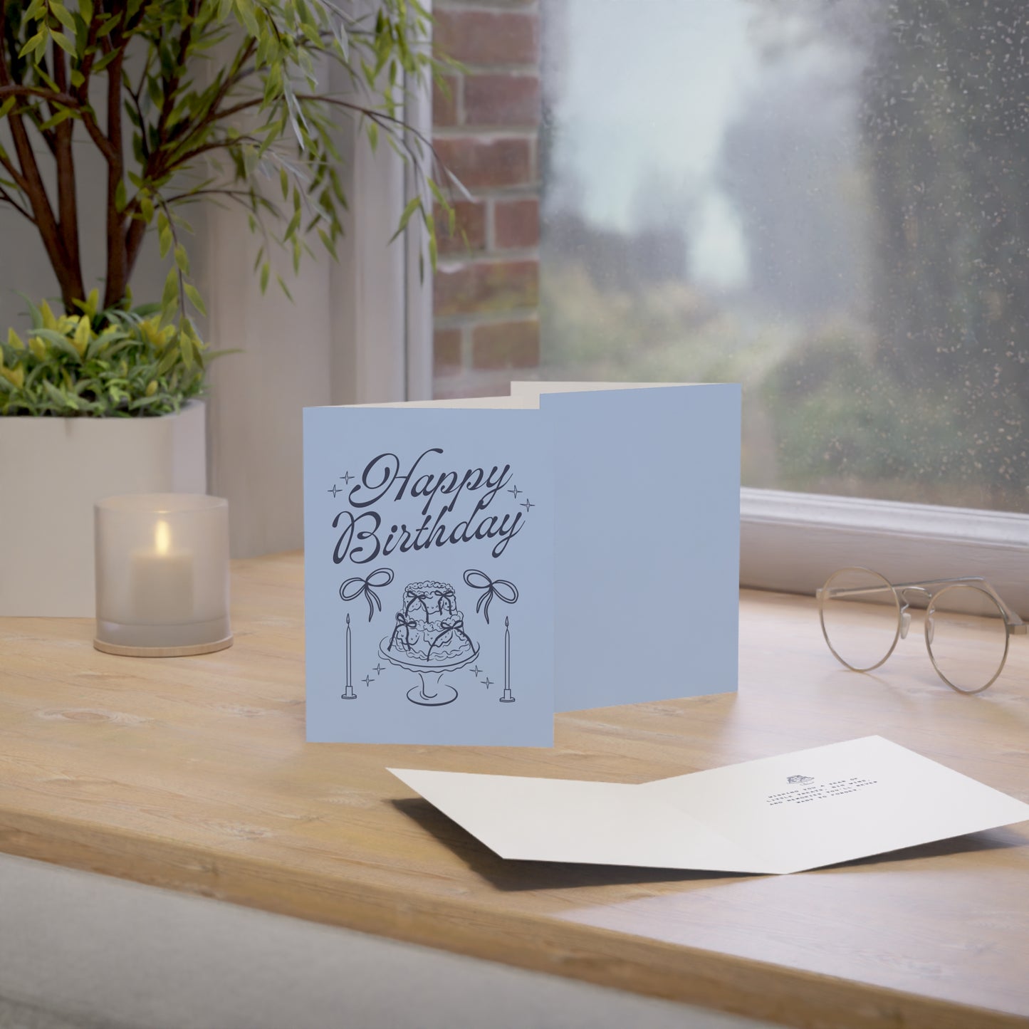 Blue Happy Birthday Illustration Greeting Card (Pack of 10)