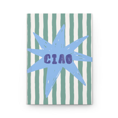 green striped aesthetic journal with blue starburst and “ciao” text
