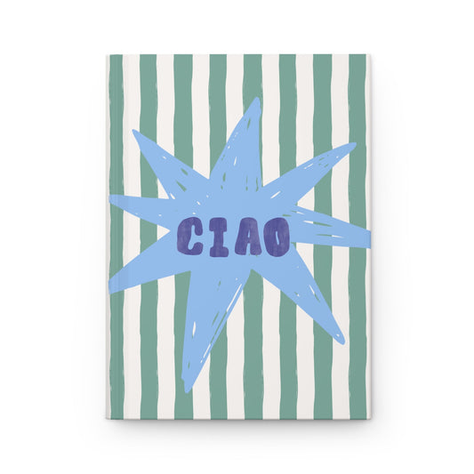 green striped aesthetic journal with blue starburst and “ciao” text