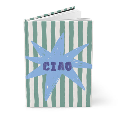 green striped aesthetic journal with blue starburst and “ciao” text