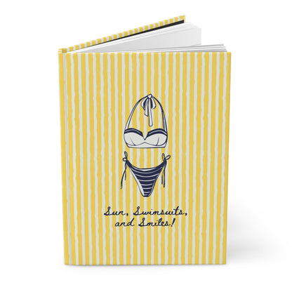 yellow striped aesthetic journal with swimsuit illustration and summer theme