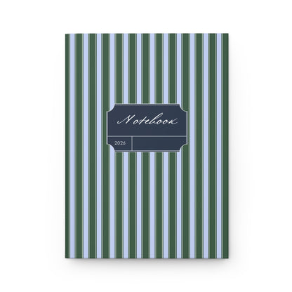 green and blue striped aesthetic notebook with vintage label design