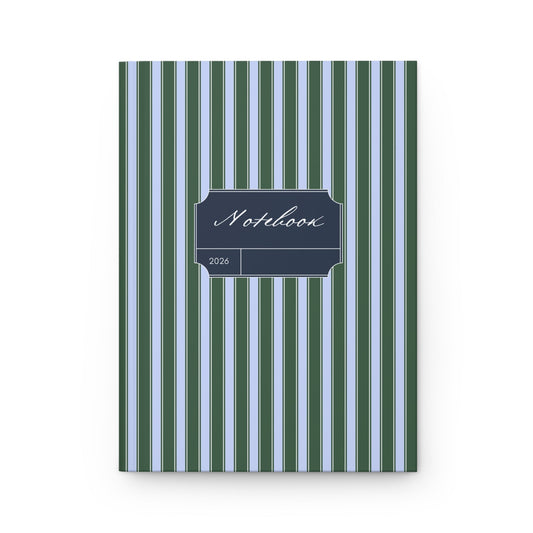 green and blue striped aesthetic notebook with vintage label design